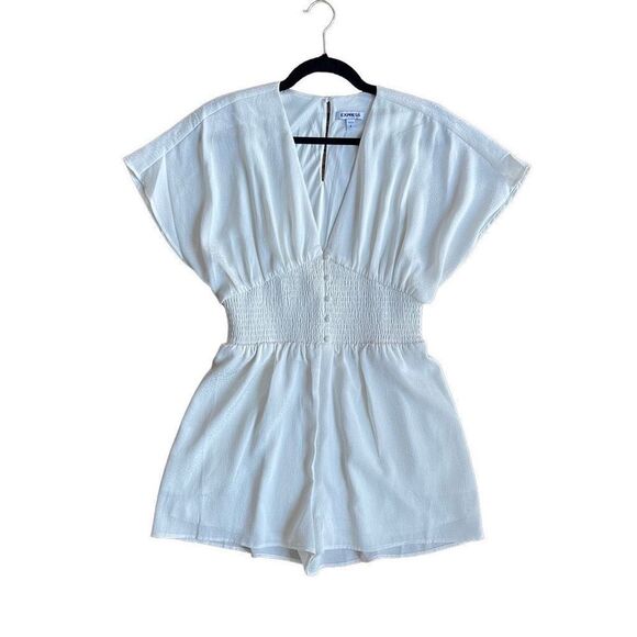 Express white cream deep Vneck romper onesie smocked small - Picture 1 of 13